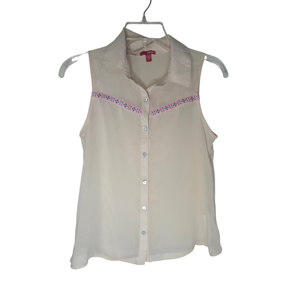 Bongo Womens Sleeveless Button Down Top Cream Embroidered Boho Chiffon Blouse M